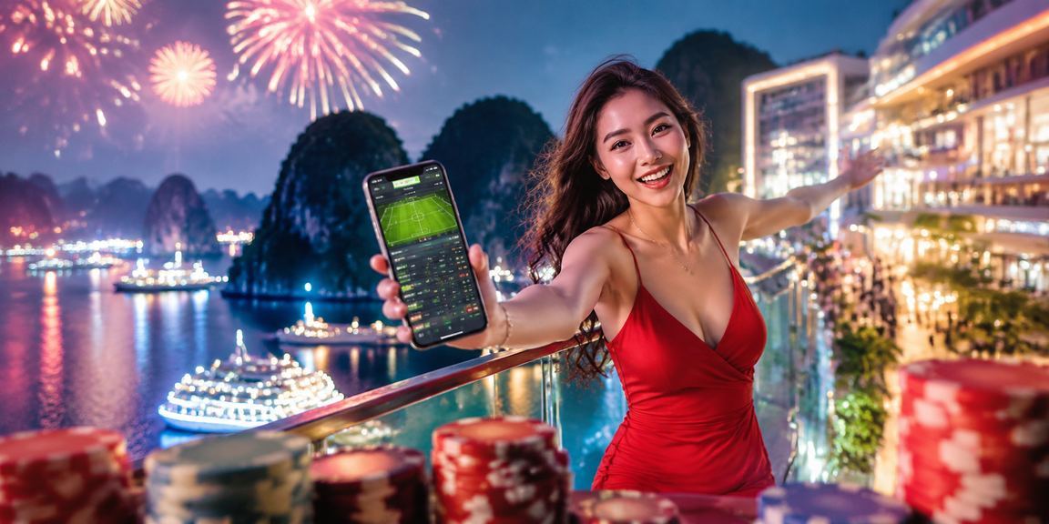 Khung cảnh lễ hội casino di động tại Hạ Long Bay với ánh sáng xanh tím huyền ảo